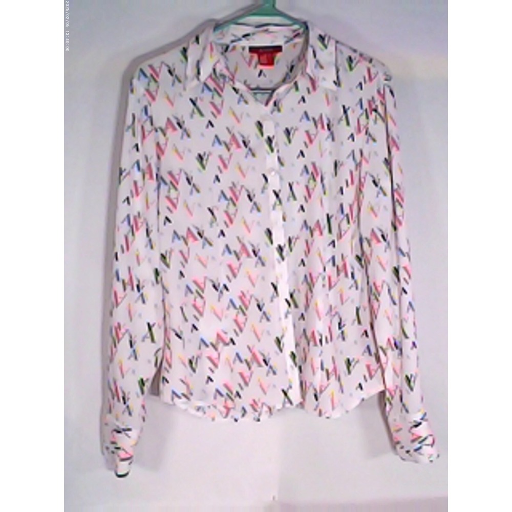 A-Line Womens Multi-Color Monogram Print Button Down Blouse White Size 6